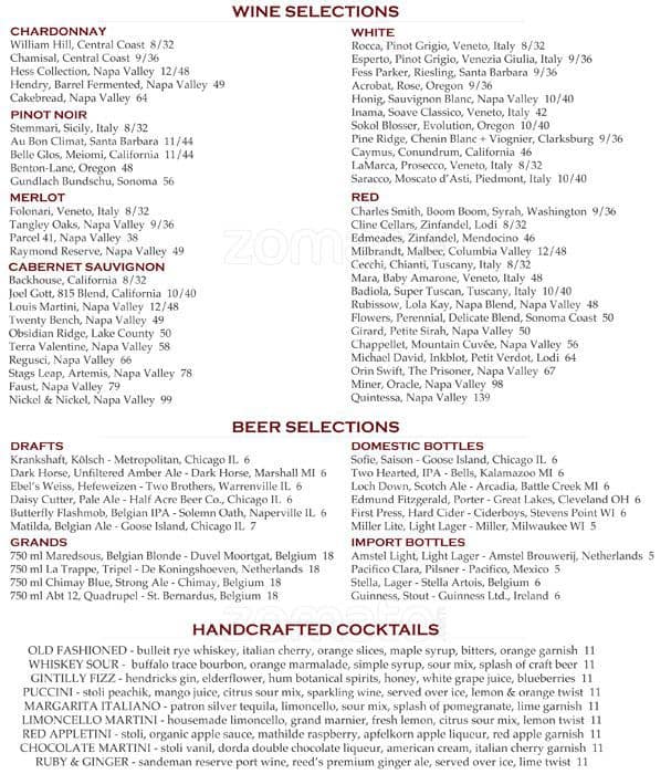 Menu at Pinstripes restaurant, Northbrook, Willow Rd