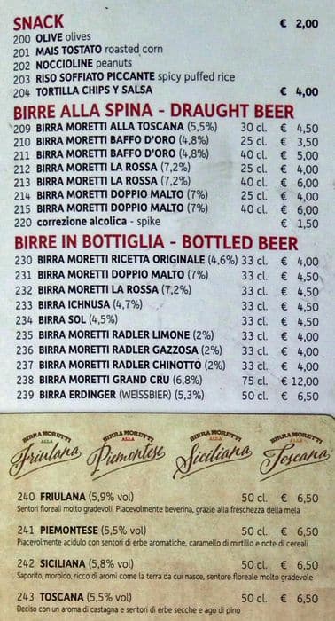 Menu di Birreria Moretti 