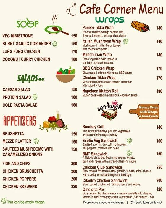 Cafe Corner Menu Menu For Cafe Corner Santacruz East Mumbai