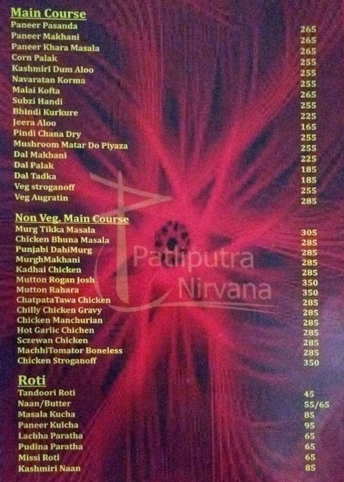 Hotel Patliputra Nirvana menu