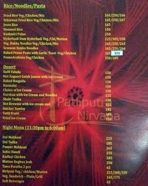 Hotel Patliputra Nirvana menu