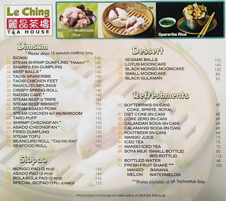 Menu at Le Ching Tea House restaurant, Quezon City, Scout Center Building