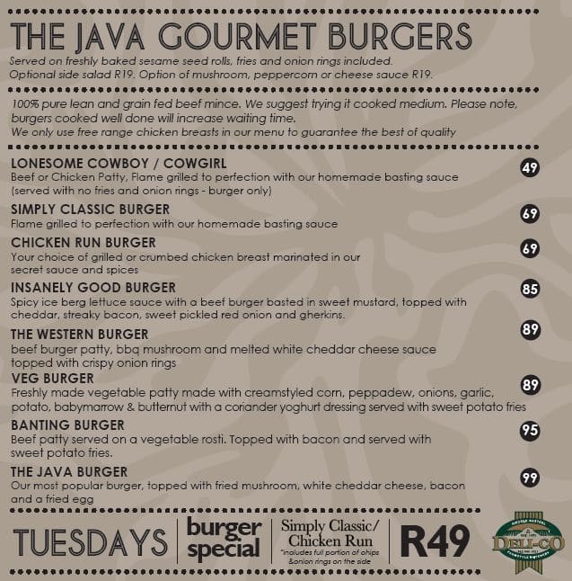 Menu at Java Cafe, Cape Town, 25 Church St