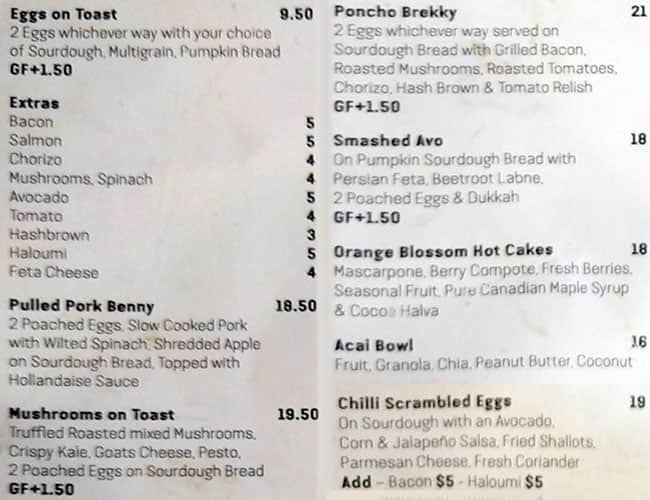 Menu at Poncho restaurant, Bentleigh East