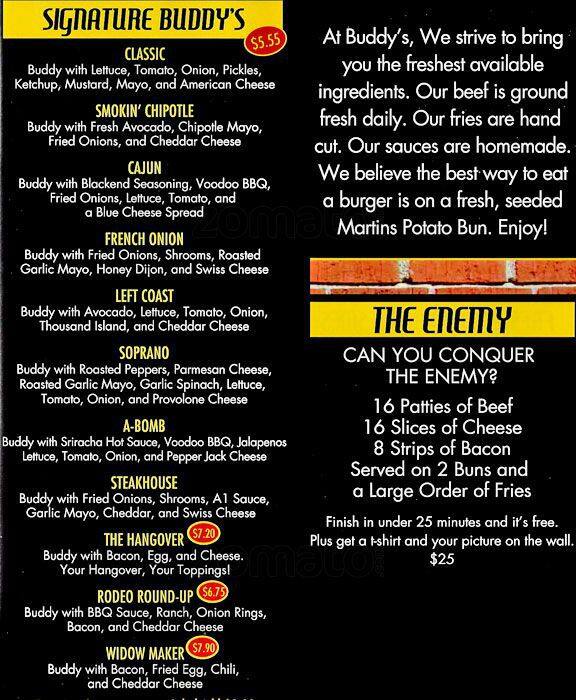 Buddy's Burgers Menu, Menu for Buddy's Burgers, Exton, Chester County