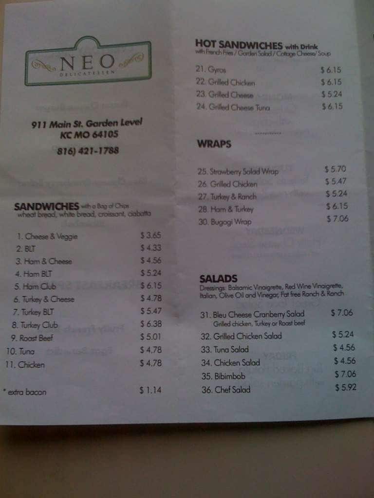 Neo Delicatessen Menu, Menu v reštaurácii Neo Delicatessen, Downtown