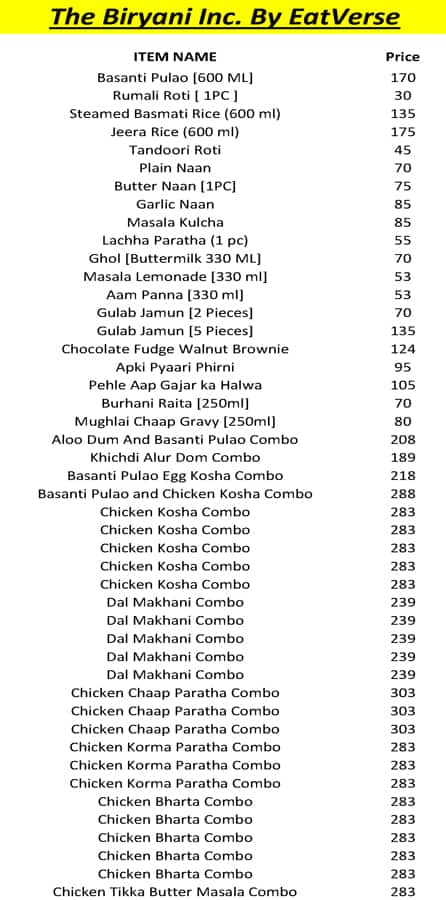 Menu of The Biryani Inc. By EatVerse, Kasba, Kolkata