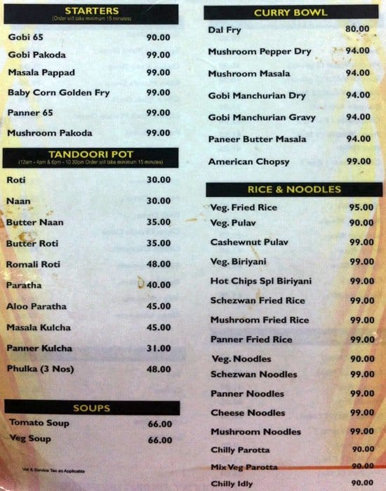 Hot Chips Veg Restaurant menu