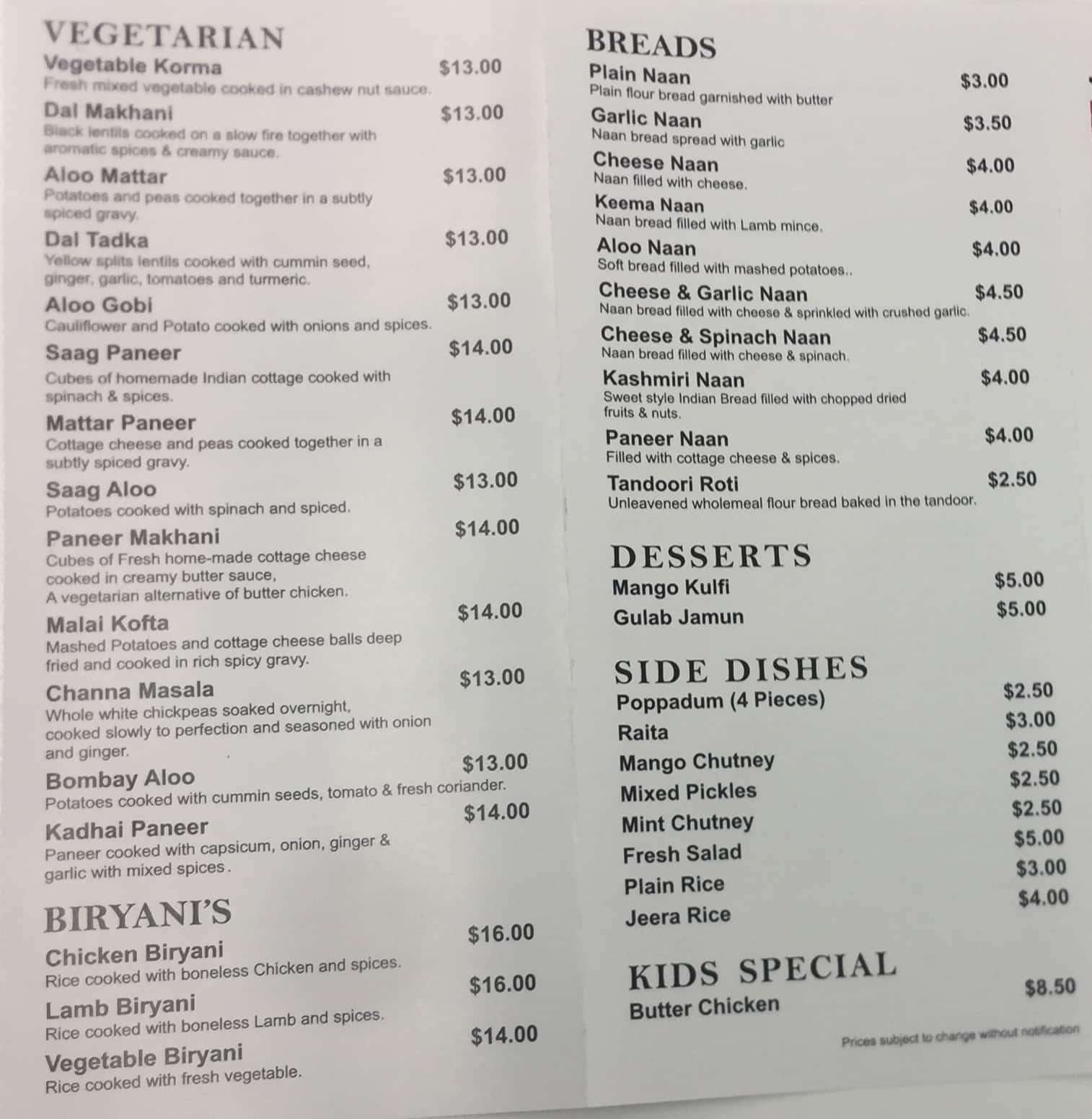 Menu at Tandoori Flame Henderson restaurant, Auckland