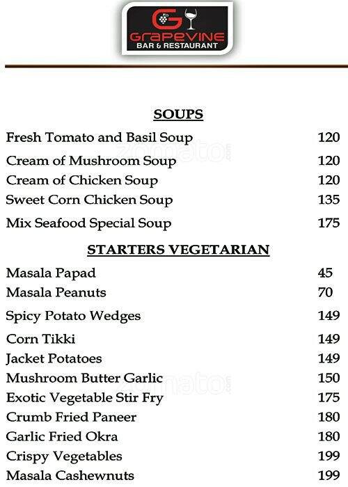 Grapevine Bar & Restaurant Menu Zomato