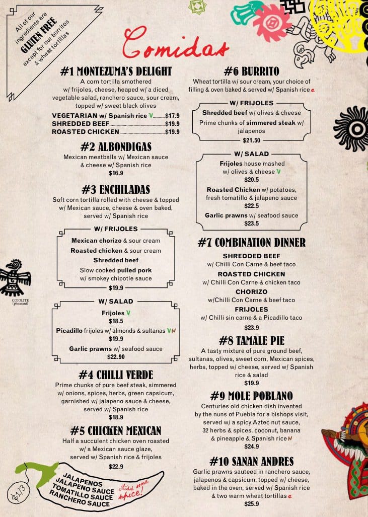 Montezuma's Menu, Menu for Montezuma's, Beenleigh, Brisbane