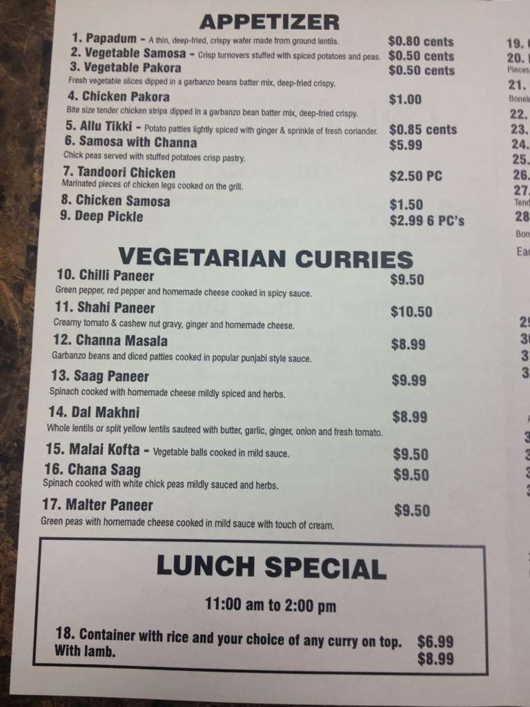 Menu at India Curry House restaurant, Belleville