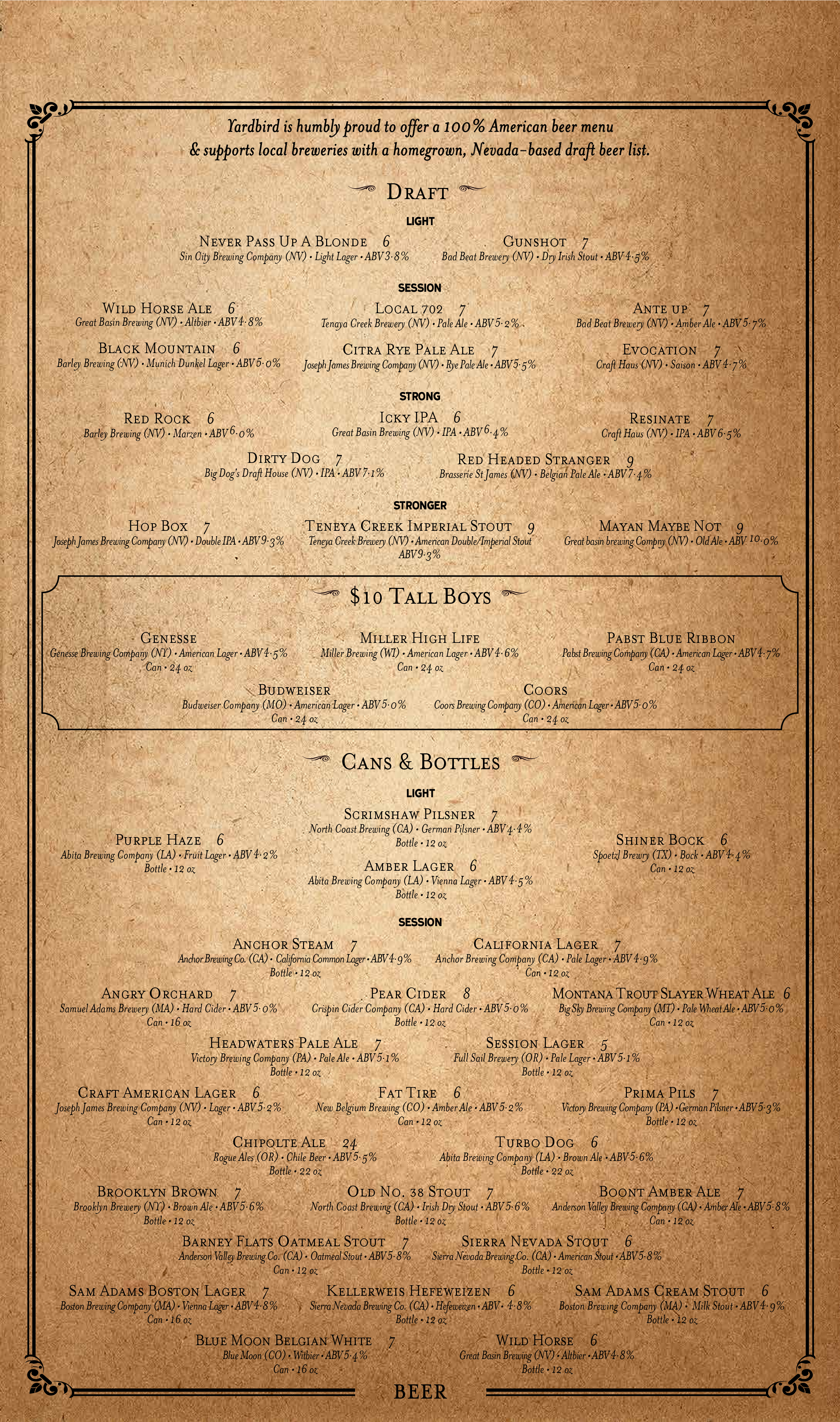 Menu at Yardbird Table & Bar, Las Vegas