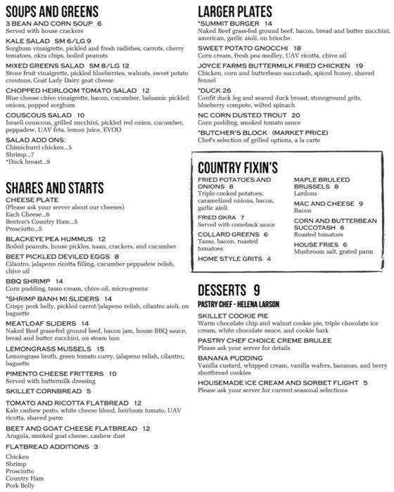The Summit Room Menu, Menu for The Summit Room, Dilworth, Charlotte