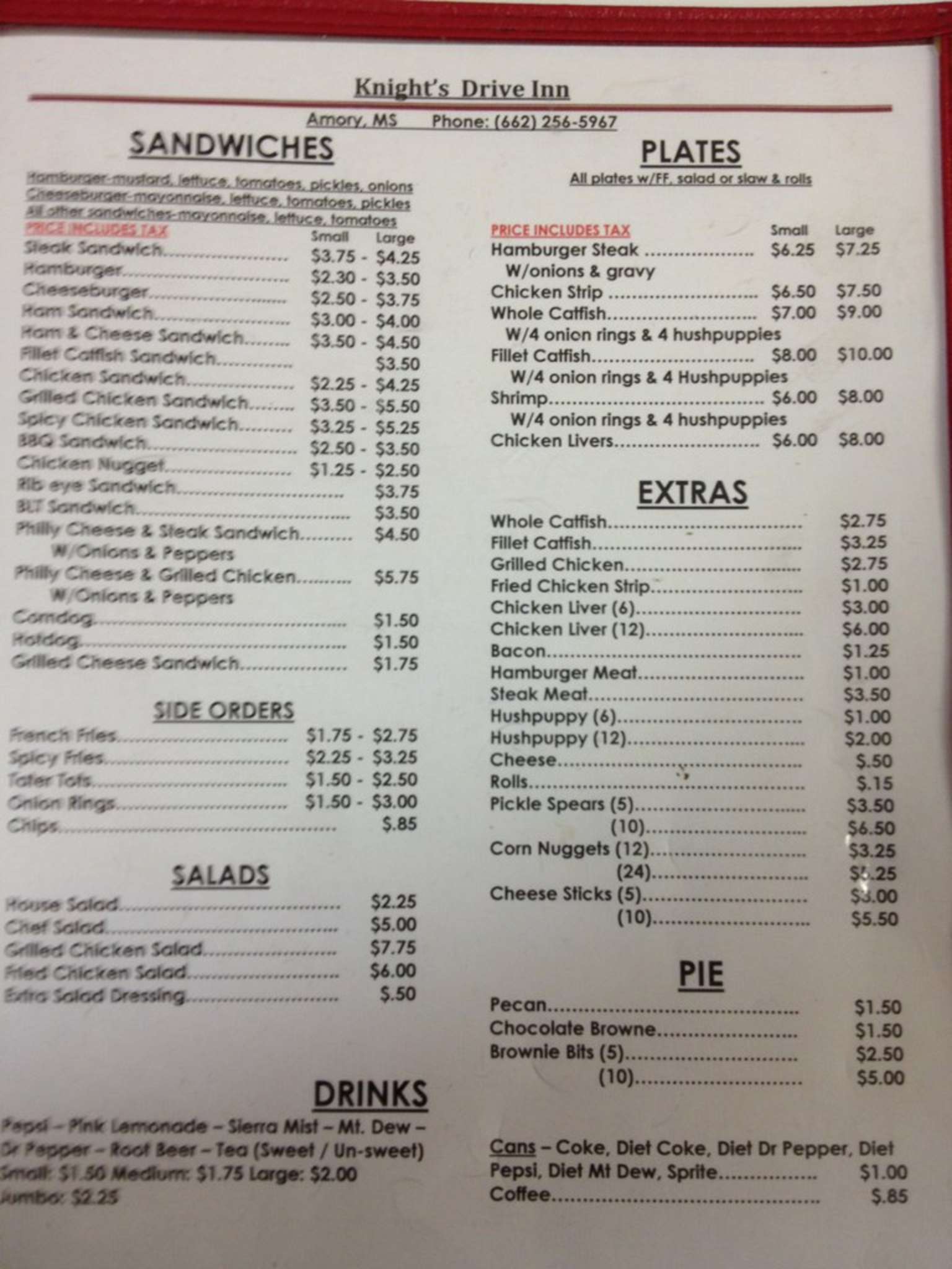 Menu at Knight's Drive In fast food, Amory