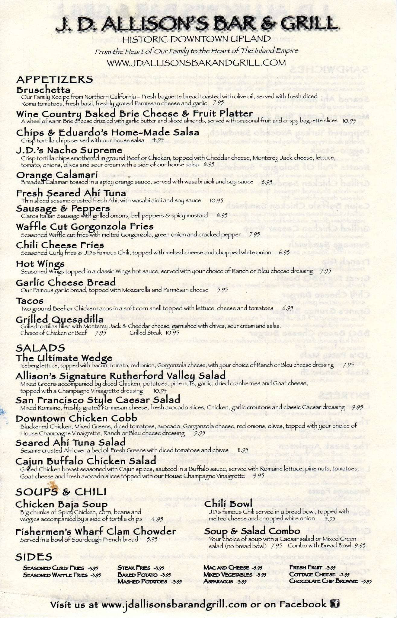 Menu at JD Allisons Bar and Grill, Upland