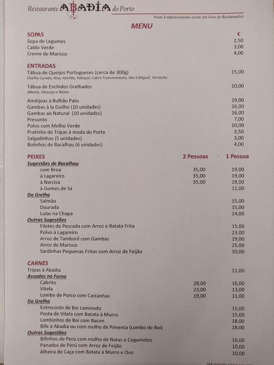 Menu em Restaurante Abadia do Porto, Porto