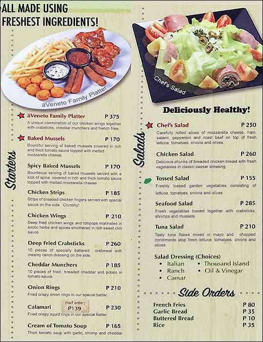 A Veneto Pizzeria Menu Menu For A Veneto Pizzeria North Reclamation Area Cebu City