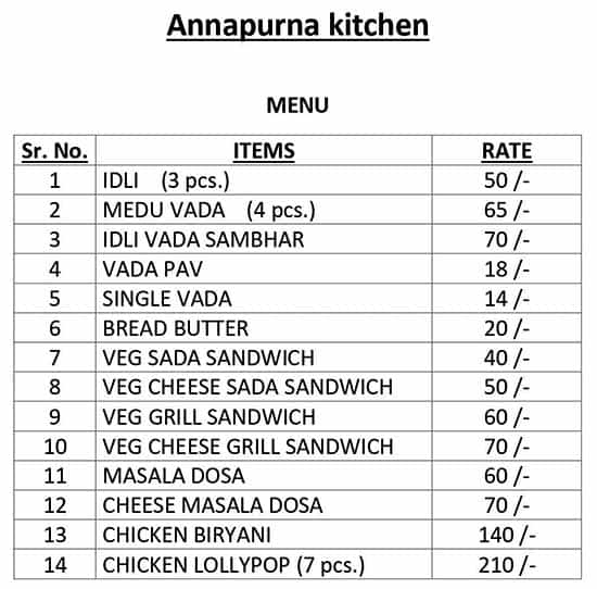 Menu of Annapurna Kitchen, Mumbra, Thane