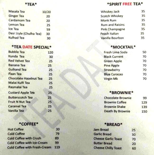 Menu of Tea Date, Undri, Pune