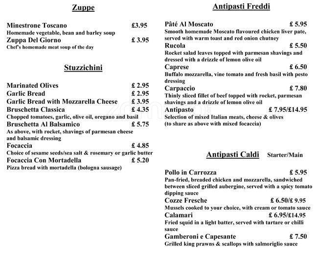 Menu at Bar Italia, Edinburgh