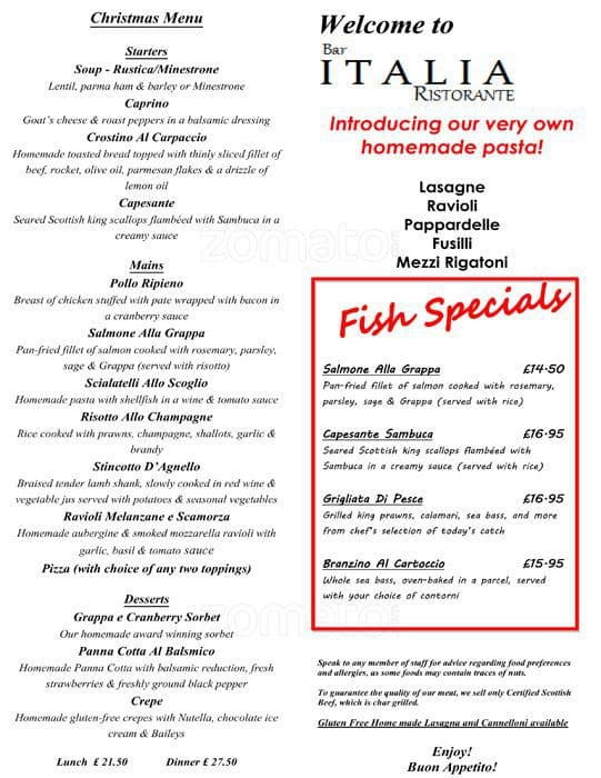 Bar Italia Ristorante Menu, Menu for Bar Italia Ristorante, Old Town