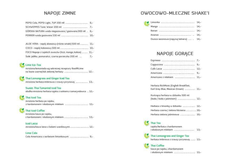 Basil & Lime menu, Menu restauracji Basil & Lime, Stary Mokotów
