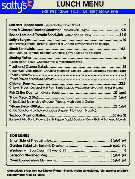 Menu at Salt Water Cafe, Quinns Rocks