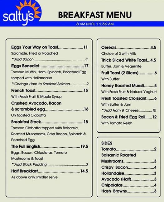 Menu at Salt Water Cafe, Quinns Rocks