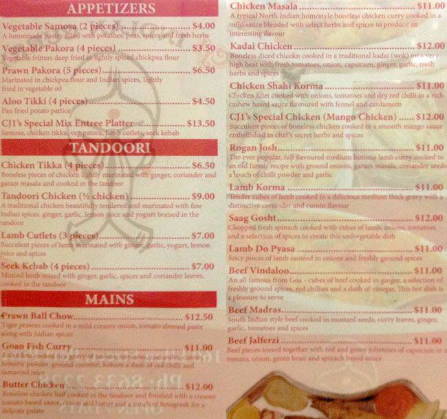 CJ1 Indian Curry Menu, Menu for CJ1 Indian Curry, Port Pirie, Port Pirie Urbanspoon/Zomato