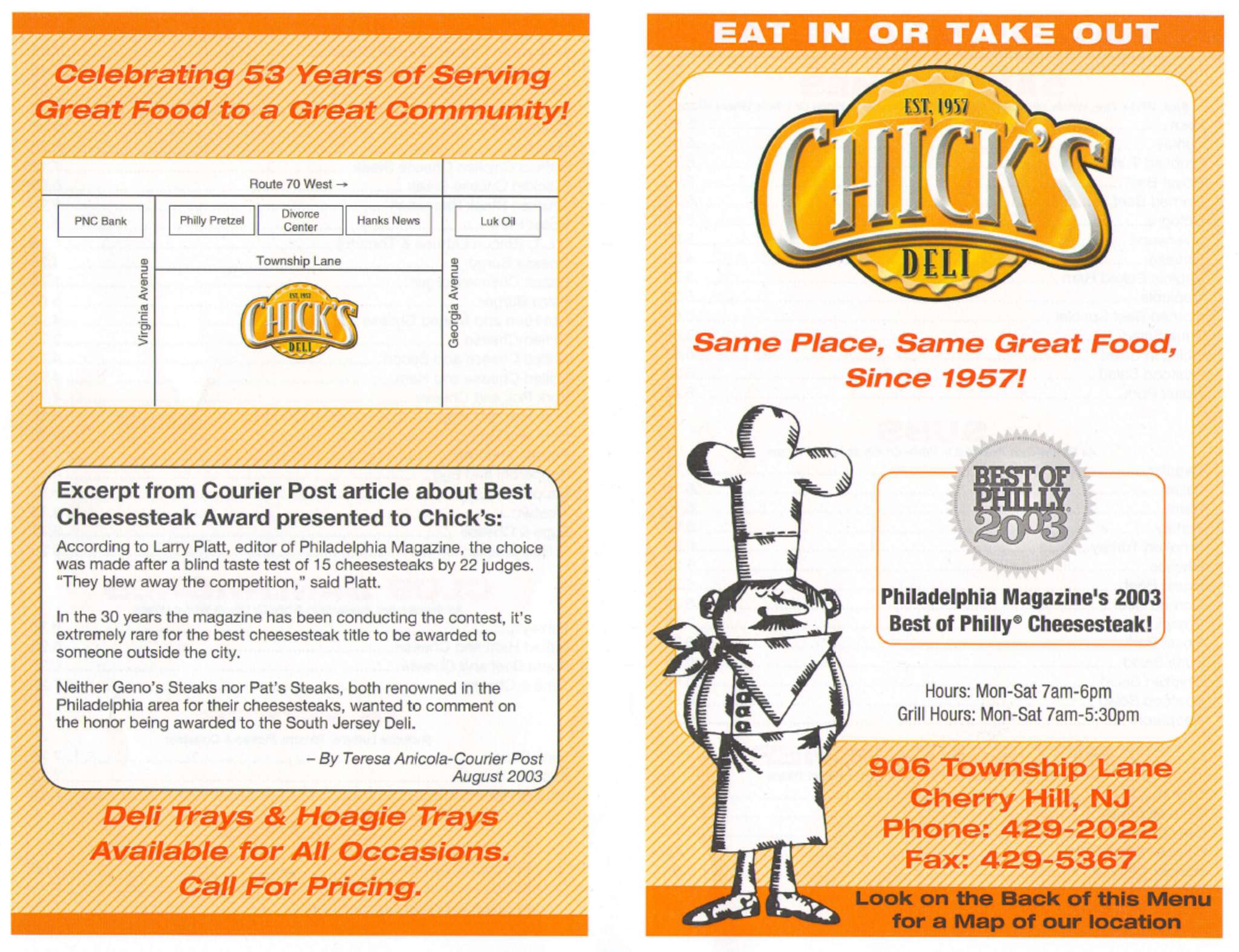 Menu at Chick's Deli restaurant, Cherry Hill