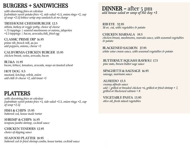 Menu at Tree House pub & bar, Mount Shasta