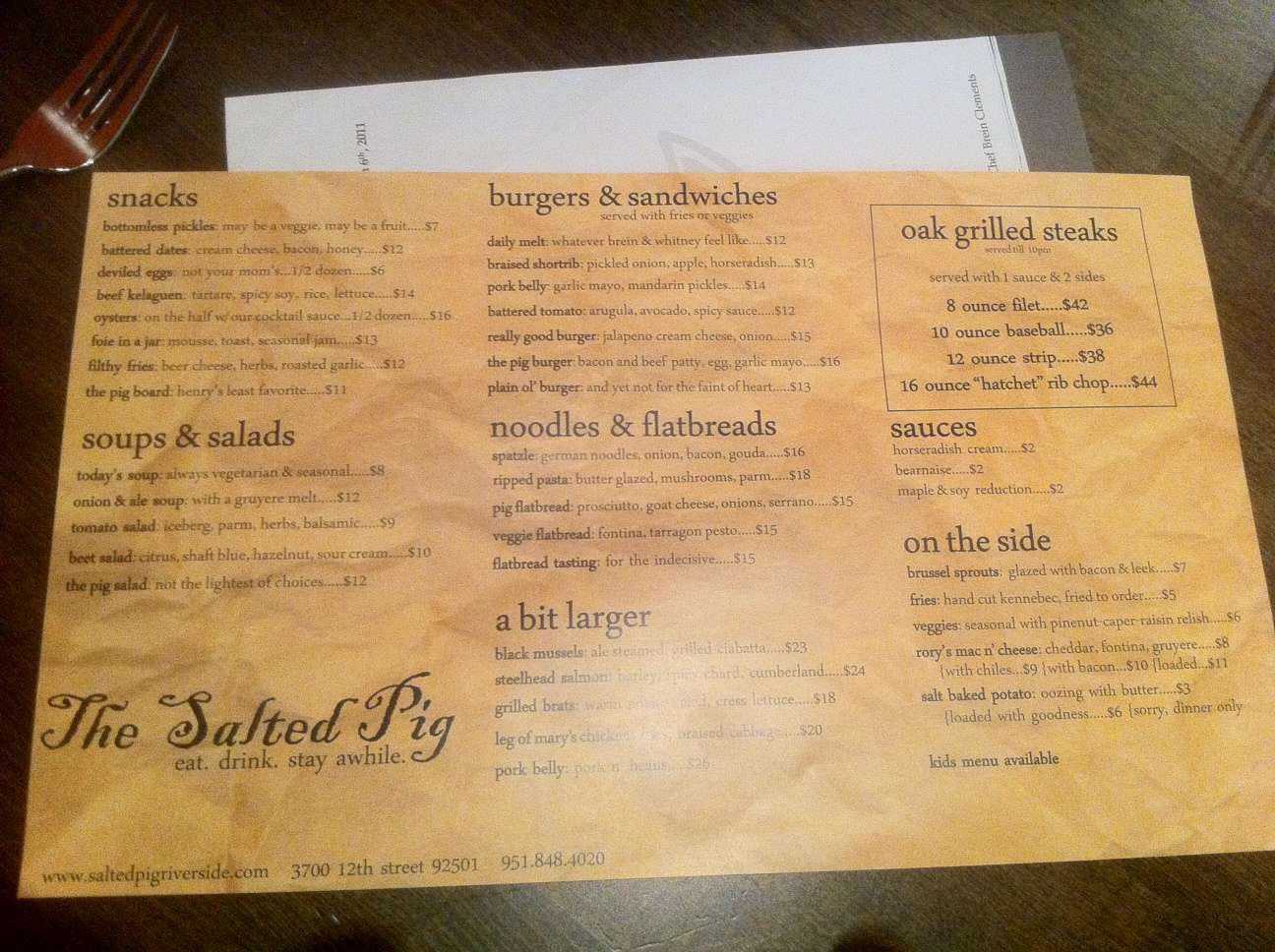 The Salted Pig menu