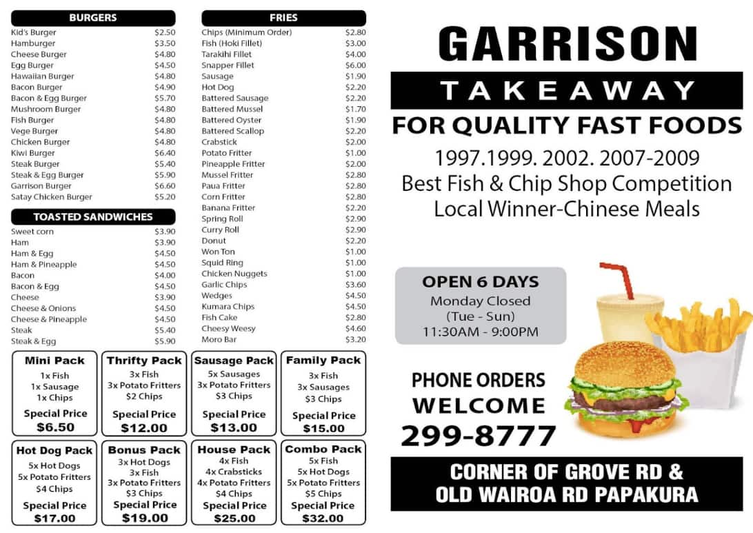 Menu at Garrison Takeaways restaurant, Auckland