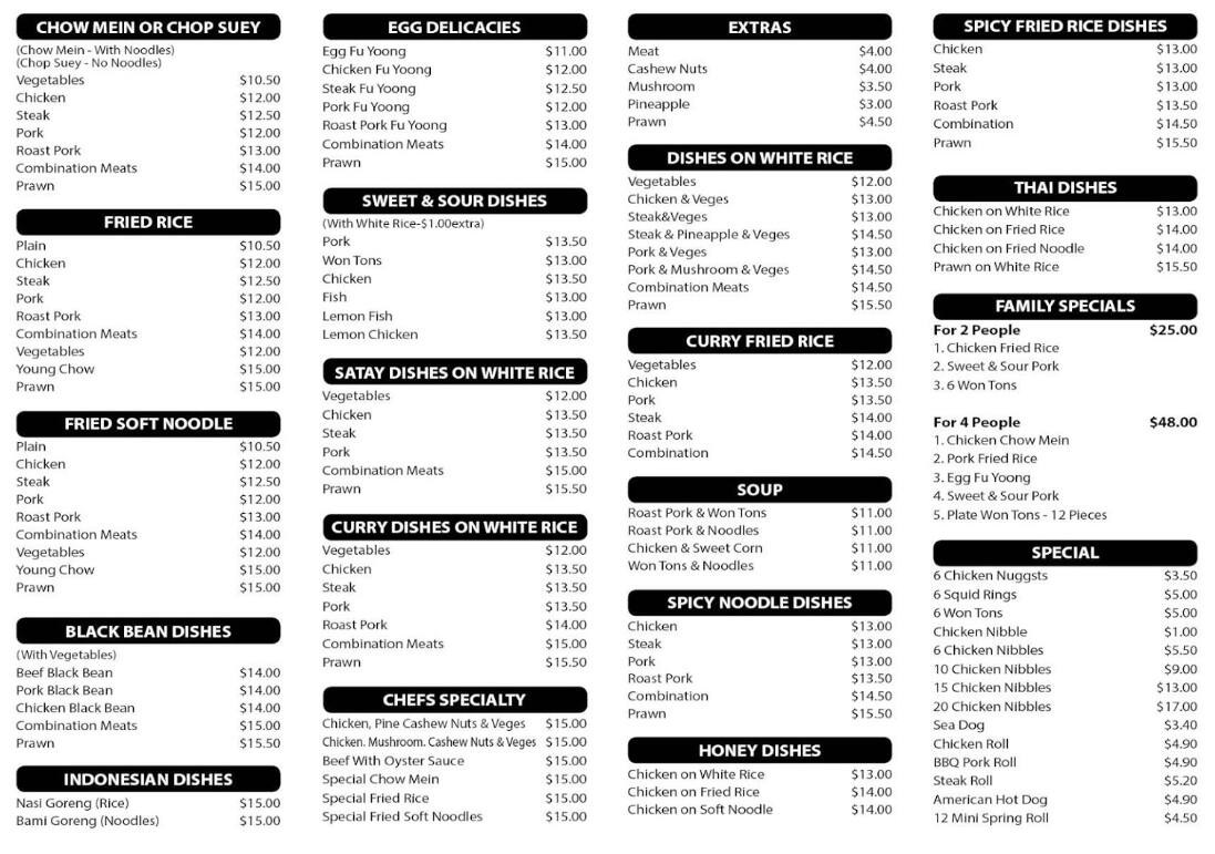 Menu at Garrison Takeaways restaurant, Auckland