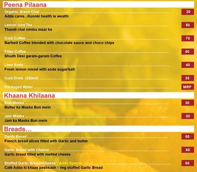 Cafe Adda menu