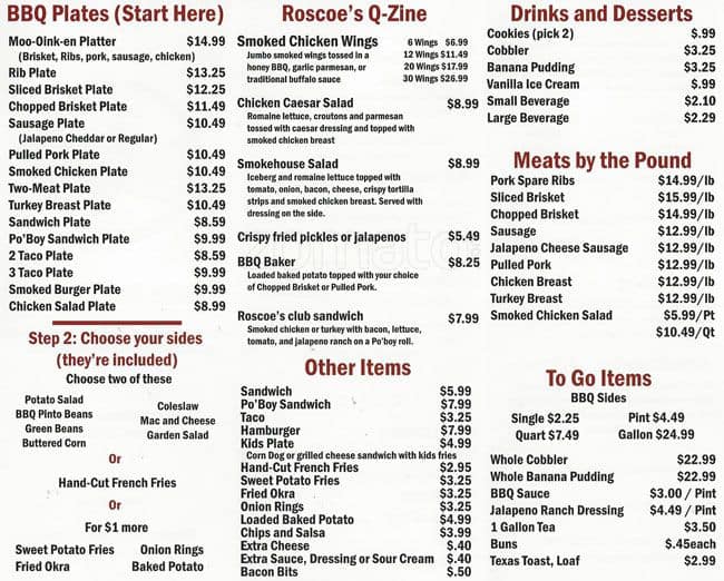 Roscoe's Smokehouse Menu, Menu for Roscoe's Smokehouse, Burleson