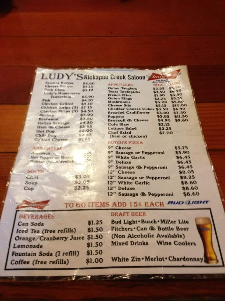 Ludy's Kickapoo Creek Saloon Menu Urbanspoon/Zomato