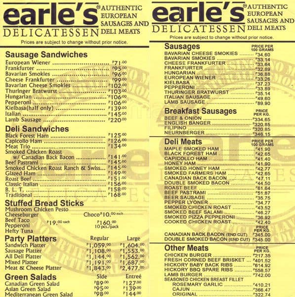 Earle's Delicatessen Menu Zomato Philippines