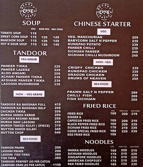 Menu of Cozee Snack Bar, Besant Nagar, Chennai