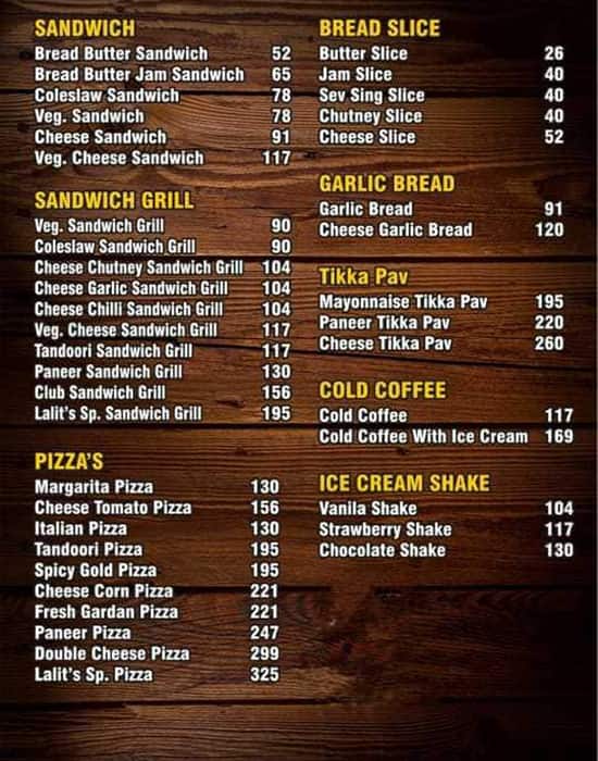Menu of Lalit's Food Court, Ellis Bridge, Ahmedabad