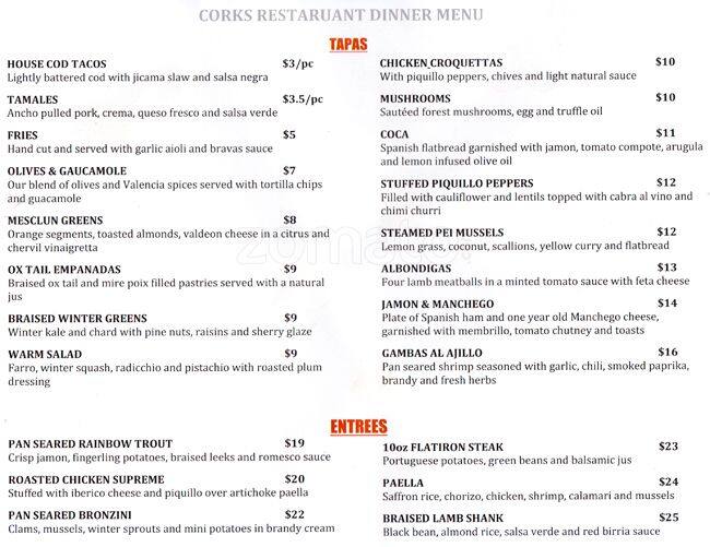 Menu at Corks Restaurant, Oakville, 305 Lakeshore Rd E
