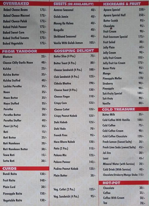 Menu at Hotel Apsara, Indore