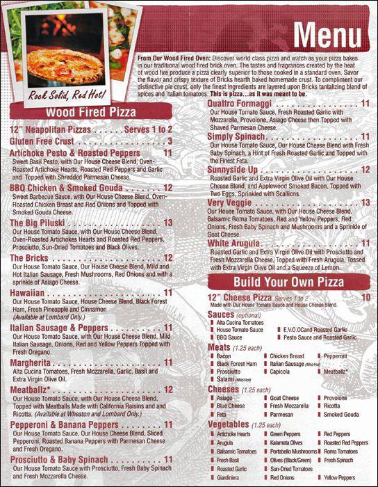 Bricks Wood Fired Pizza Menu, Menu for Bricks Wood Fired Pizza, Lombard ...