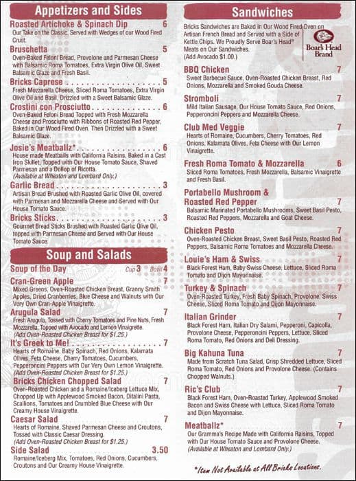 Menu at Bricks Wood Fired Pizza - Naperville pizzeria, Naperville