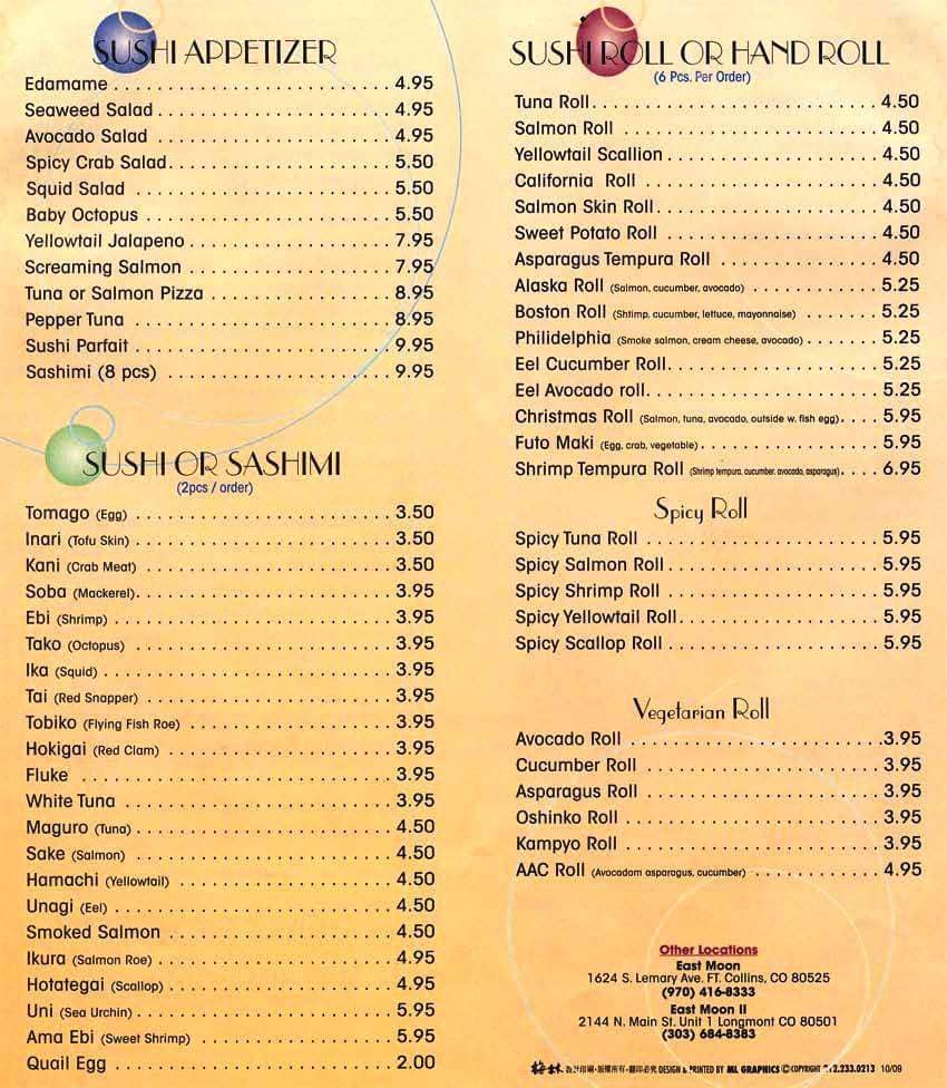 Menu at East Moon Asian Bistro restaurant, Bowie