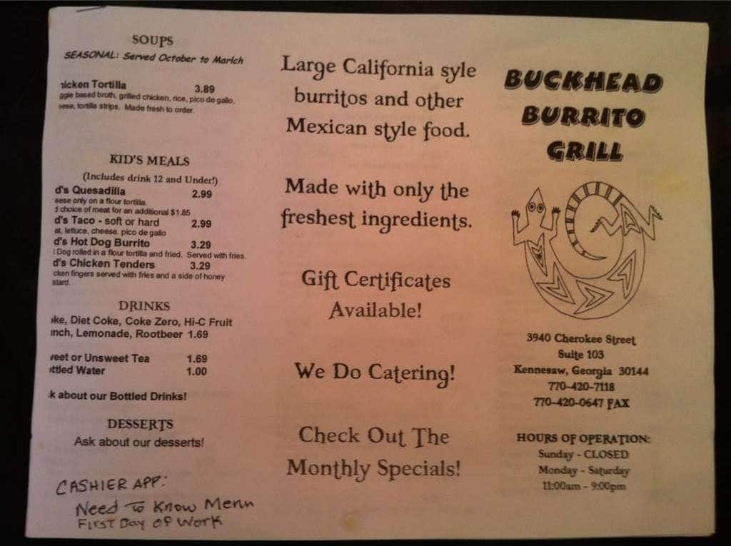 Buckhead Burrito Grill Menu, Menu for Buckhead Burrito Grill, Kennesaw