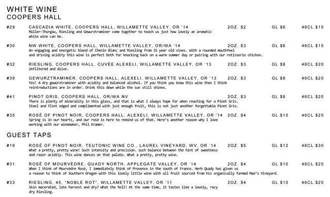 Coopers Hall menu