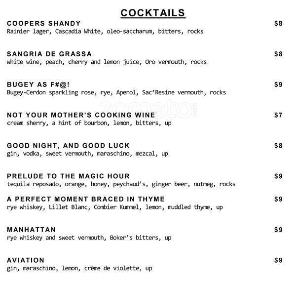 Coopers Hall menu