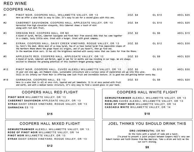 Coopers Hall menu
